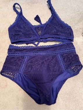 BECCA Virtue Royal Blue Lace Bralette and High-Waist Brief Set